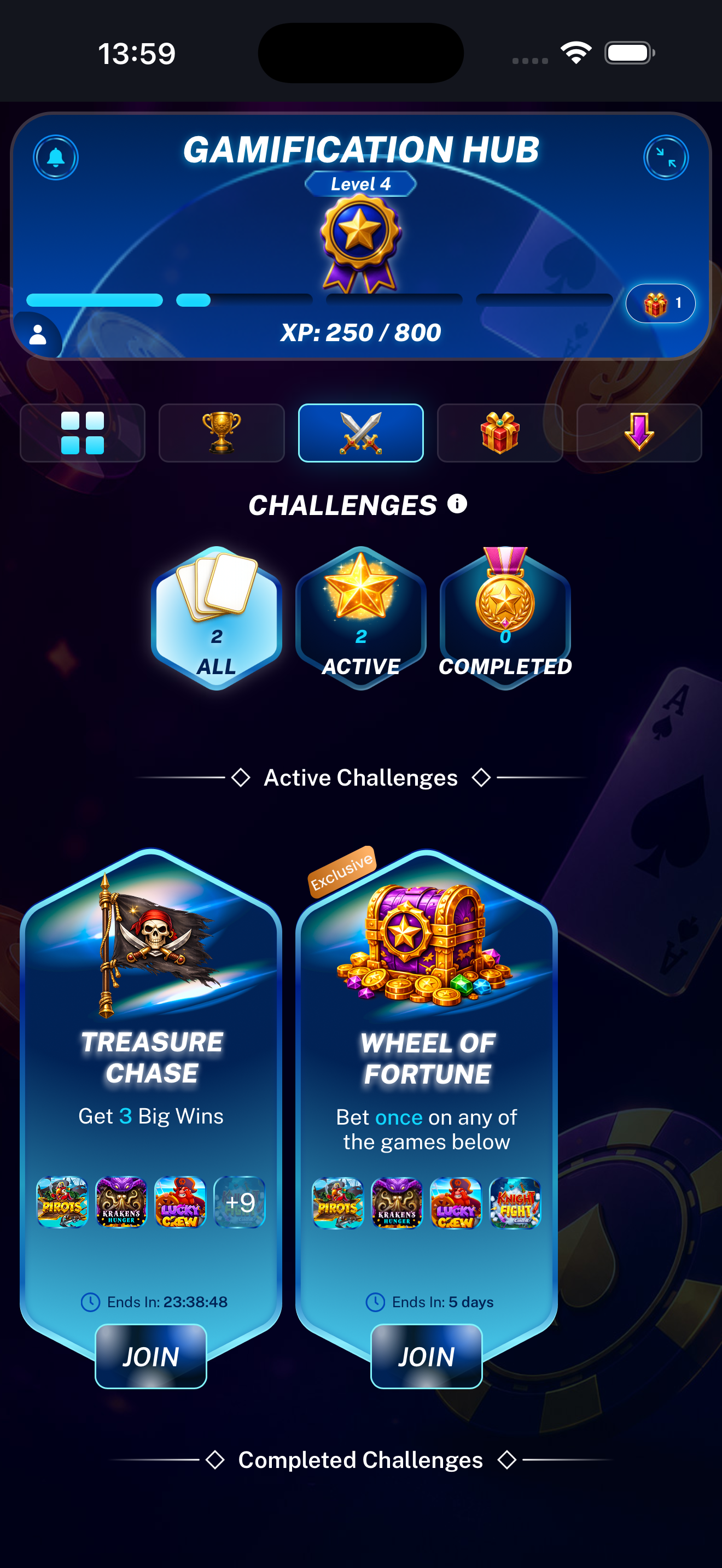 Challenges landing page displayed on a mobile phone